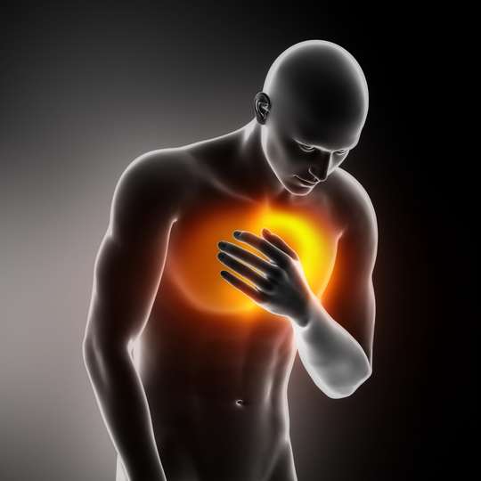 3D anatomski prikaz čoveka sa gorućim bolom u grudima