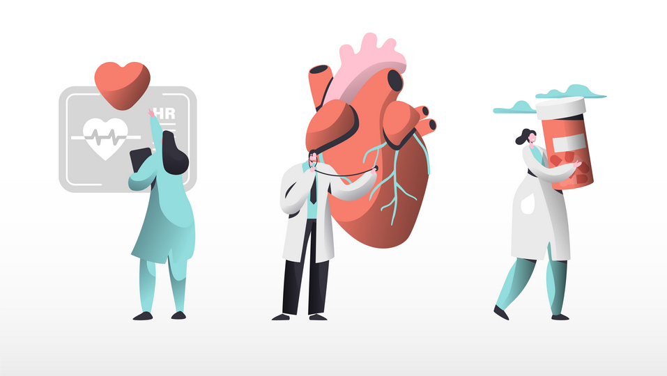 ilustracija srca i medicinskih radnika